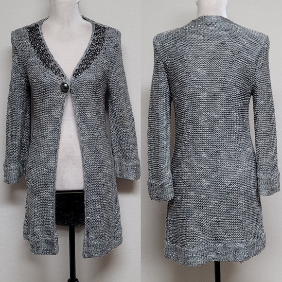 Y2K Vintage BCBGMaxAzria Heather Gray Knit Gunmetal Beaded Flare Sleeve Cardigan - Picture 1 of 14
